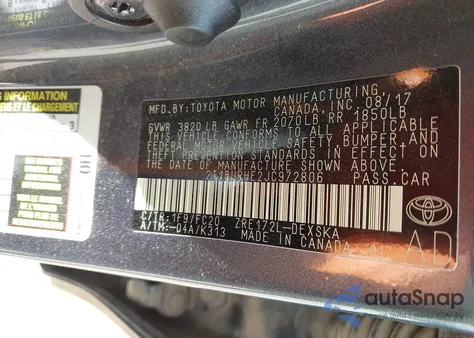 2018 Toyota Corolla Se из США, поврежденный, VIN 2T1BURHE2JC972806